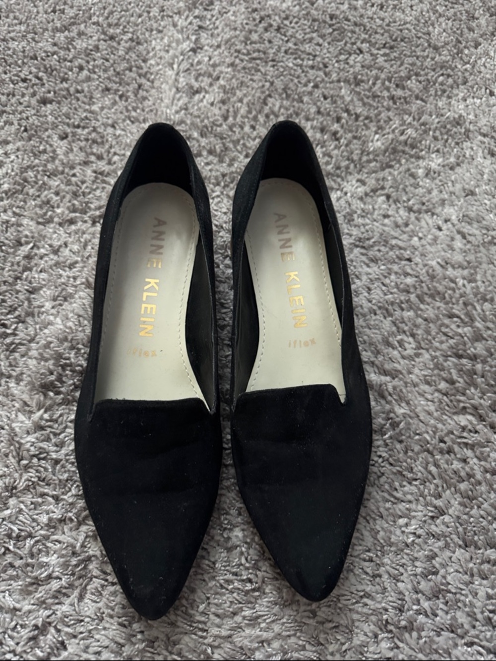 Anne Klein Black Suede Pointed Flats with Gold Logo Insole